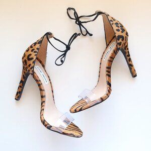 Steve Madden Tan Black Cami Leopard Calf Hair Ankle Strap Stiletto Heels Sandals